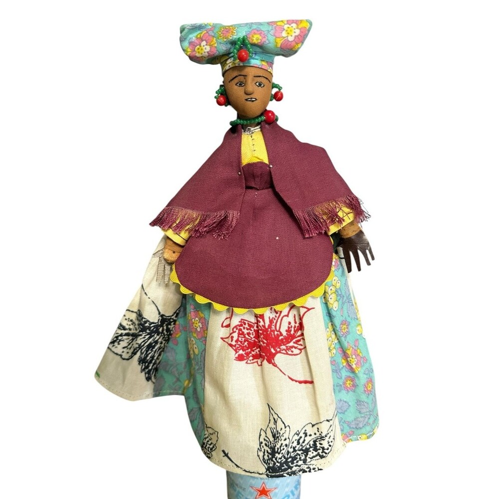 VTG Handmade Folk Art Cloth Bottle Cover Doll Yarn  Fabric Wine Bottle Topper